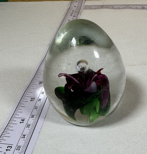 Murano-style Glass Paperweight Clear Floral Bubble Art Glass Purple Vtg - Picture 1 of 2