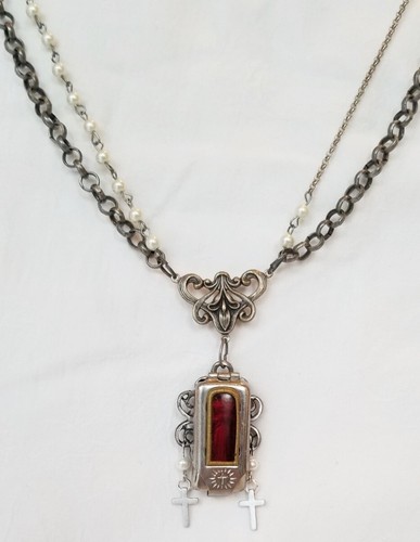 †Rare ANTIQUE Pocket SHRINE Pendant Ornate NECKLACE St. Gerard holding Cross† - Picture 2 of 6
