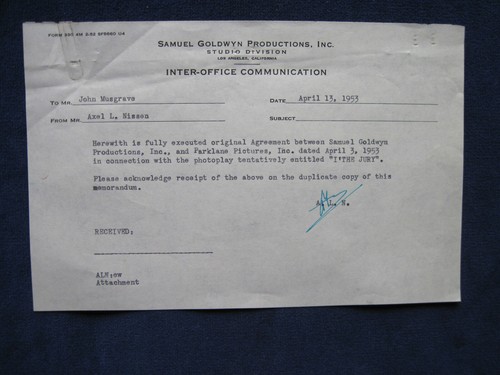 ORIGINAL FILM CONTRACT for MICKEY SPILLANE'S I THE JURY SIGNED by VICTOR SAVILLE - Picture 5 of 5