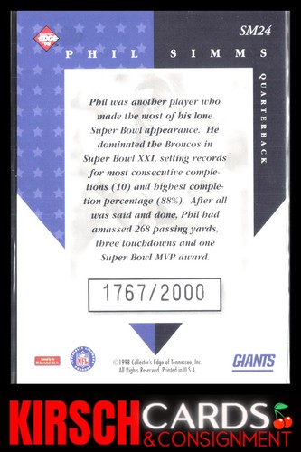 Phil Simms 1998 Collector's Edge Masters #SM24 Super Masters #/2000 Giants - Imagen 2 de 2