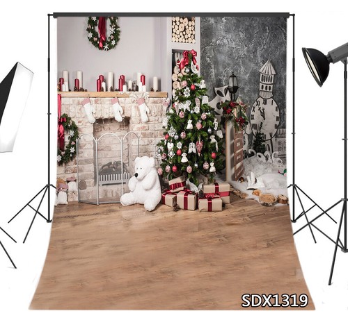 Cajas de regalo de oso de árbol de Navidad de vinilo de 8X10 pies para chimenea telón de fondo foto fondo - Imagen 1 de 9