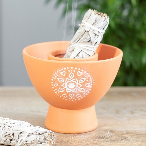 Terracotta Smudge Bowl With Mandala Design Pagan Wiccan Witch Accessories - Picture 2 of 2