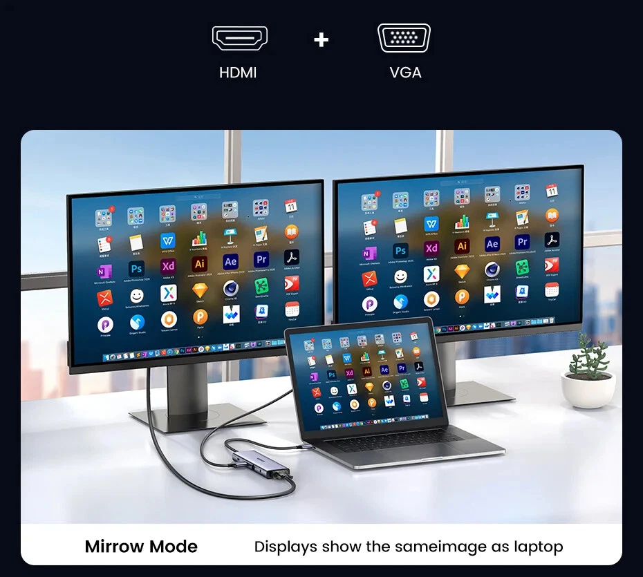 USB HUB Type-C to 4K HDMI VGA RJ45 PD100W 3.5mm SD&TF USB3.0 Splitter