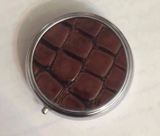 BROWN faux croc Small Round Silver Pill box w/ 3-compartments 