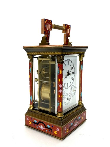 French Style Floral Red Enamel Brass 8 Day Repeater Calendar Carriage Clock - Picture 4 of 7