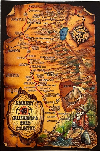 California Highway 49 Map Gold Rush Country 6x4 Postcard c1980