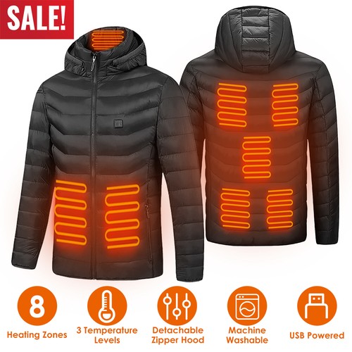 Heated Coat Hooded Heating Warm Jackets Windproof USB Charging Body Warmer - Picture 13 of 42