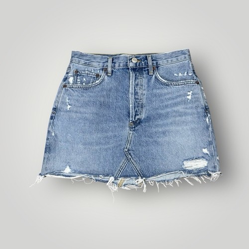 Agolde Quinn High Rise Mini Skirt 25 Button Fly Distressed Denim - Picture 5 of 13