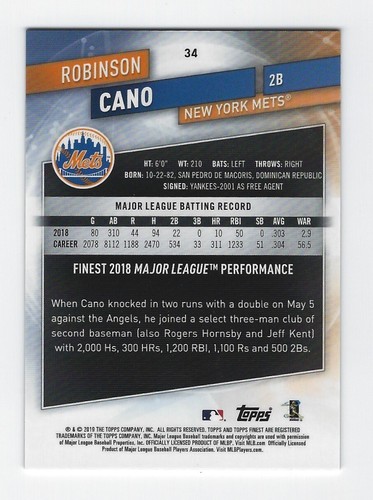 2019 Topps Finest #34 Robinson Cano Purple Refractor #'d 115/250 ~ New York Mets - Imagen 2 de 2