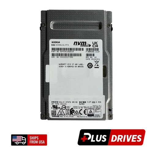 15.36TB NVMe Kioxia 2.5 Gen 4.0 CD6-R 750K IOPS 3D TLC 1 DWPD Under 100hrs