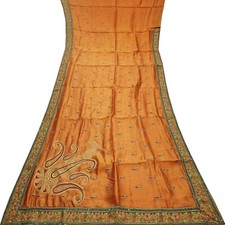 Vintage Rust Saree 100 Pure Silk Hand Embroidered Paisley Sari 5YD Craft Fabric