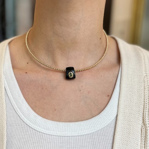 Estate 14KT Yellow Gold Genuine Tapered Black Onyx + Oval Peridot Pendant Slide - Picture 5 of 5