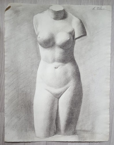 Antique Drawing Pencil Chalk Nude Woman Portrait Profil Sculpture - Picture 5 of 8