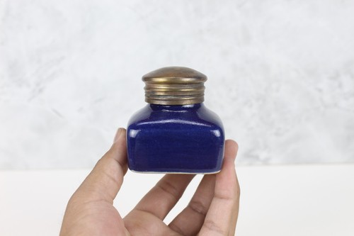 Antique Dark Blue Ceramic Inkwell with Brass Cap - Unique Desk Accessory - Picture 2 of 12