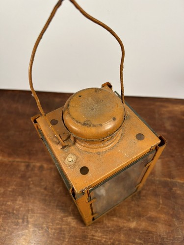 Vintage Metal & Glass Candle Holder Lantern Antique, Orange Color, Authentic - Picture 11 of 15