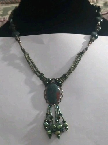 Vintage Bloodstone Abalone Sterling Silver Pendant/Clasp Weaved 18" Necklace 925 - Picture 2 of 13