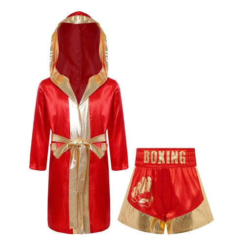 Kids Boys Set With Shorts Suit Party Outfit Hooded Open Front Satin Belted Robe - Picture 6 of 38