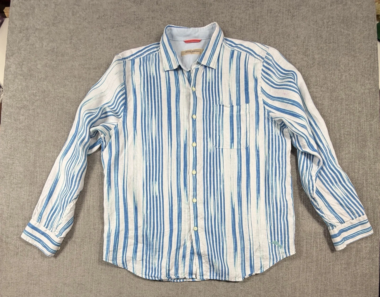 Tommy Bahama Shirt Mens LG Blue Striped 100% Linen Button Up Casual Preppy