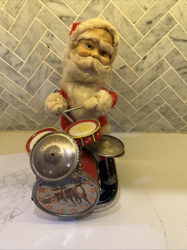 Vintage ALPS batteriebetriebene Blech Litho Happy Santa Drummer funktioniert nicht - Bild 1 von 7