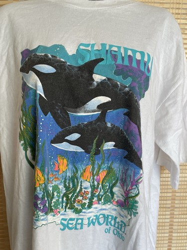 T-shirt vintage anni 90 Shamu Sea World of Ohio Ocean Fish grafica subacquea taglia L - Foto 7 di 18