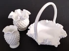 Vtg Lot 3 White Milk Glass Hobnail Ruffled Edge Basket Applied Handle & 2 Vases