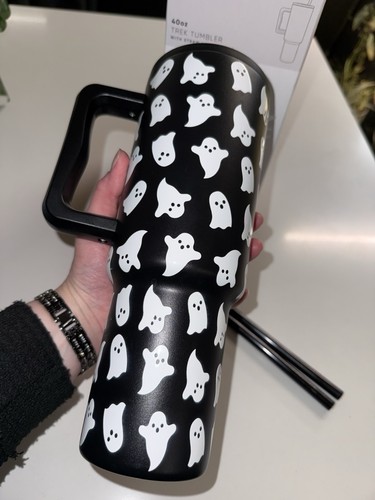 Simple Modern 40oz Trek Tumbler w/ Straw Lid. Black & White Cute Ghosts - Picture 1 of 7