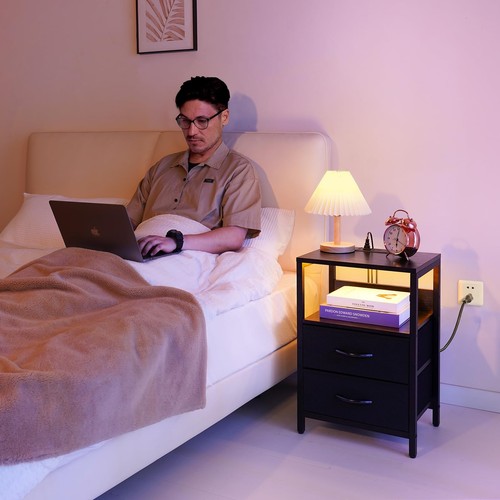 Nightstand with Charging Station, LED Night Stand with Fabric Drawers and Sto... - Picture 8 of 9