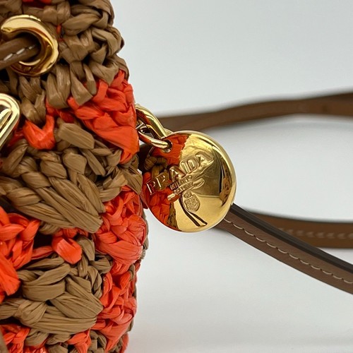 Prada Mini Crochet Raffia Crossbody Pouch Bag Orange / Caramel - Picture 5 of 18