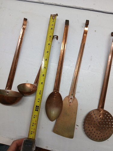 6 Vtg Pure Copper Kitchen Tools Hanging Ladle Fork Utensils Spatula Extr. Rare - Picture 9 of 9