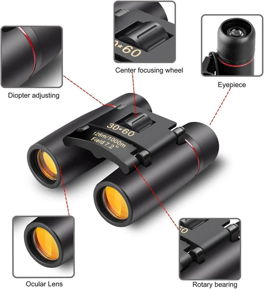 30x60 Zoom Binoculars Outdoor Travel Compact Folding Telescope Hunting Day/Night - Image 4 of 4