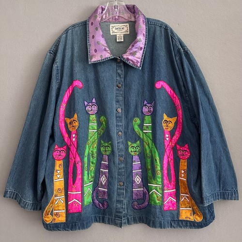 Wutanfälle Katze Applikation Patchwork Jeansjacke Größe 3X 100 % Baumwolle Vintage