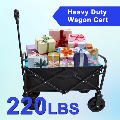 Foldable Wagon Garden Shopping Beach Utility Cart with Wheels 220lb Black+Blue - Picture 10 of 18