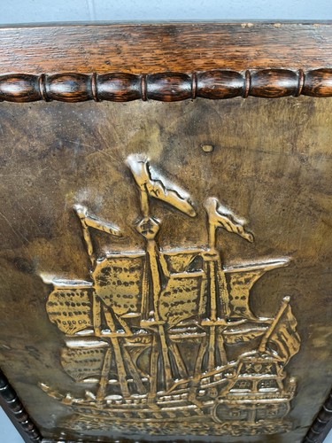 Brass Repousse Fire Screen Guard In Wooden Frame Galleon Ship Design 51x81cm - Picture 5 of 20