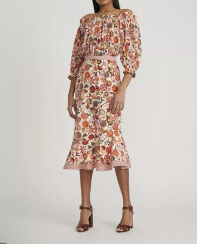 Saloni Grace Blumen Seide Midikleid Schulterfrei Größe US 6/UK 10 Neu ohne Etikett