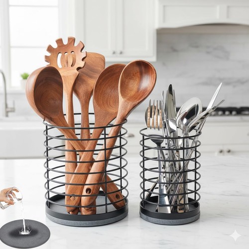 Set of 2 Utensil Holder, Large Metal Kitchen Utensil Holder and Small Silverw... - Foto 1 di 7