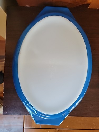 Vintage Pyrex Goldmedaillon blau 1,5 Quart geteilt Kasserolle Schüssel Deckel Wiege LESEN  - Bild 9 von 24