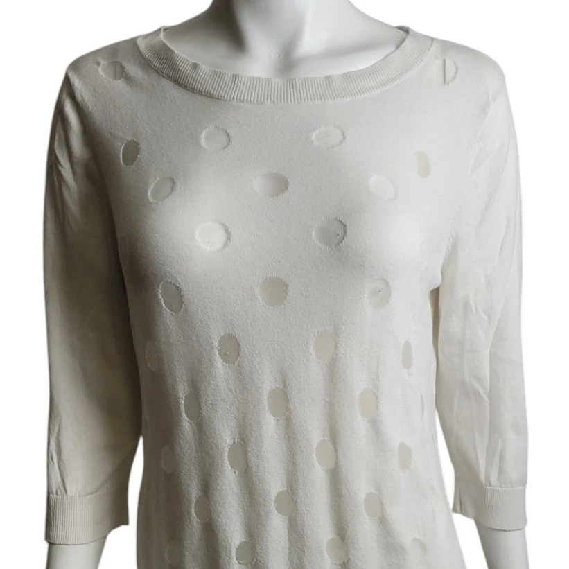 Halogen Women White Sheer Polka Dot Sweater L Mesh Swiss Dot Monochrome Layering - Image 3 of 4