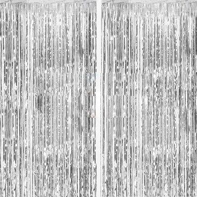 2 Pack Silver Foil Curtain Party Streamers Metallic Tinsel Foil Fringe Photo Boo