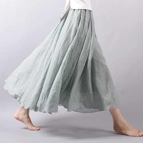 Women's Cotton Linen Solid Midi Skirt Loose Fit Swing Skirt A Line Pleated Skirt - Picture 5 of 31