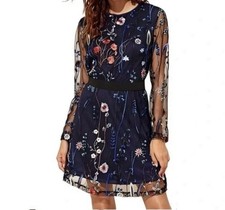 Navy Embroidered Mesh Mini Dress Floral Party Occasion Size Large Stretch