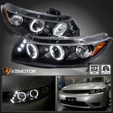 Black Fits 2006-2011 Honda Civic 2Dr Coupe LED Halo Projector Headlights Lamps