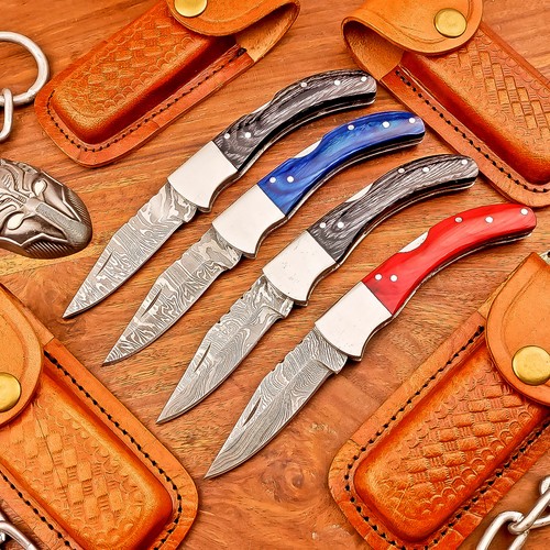 LOT OF 4 PCS! HANDMADE Premium Damascus Pocket Folding Knife BACK LOCK, IS-4901
