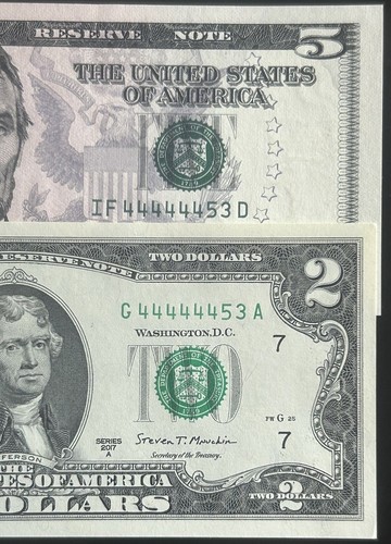 (RARE MATCHING PAIR!) $2/$5 UNC Rare 6 In A Row Fancy Serial Number 44444453