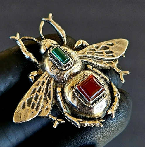Antike 925 Sterling Silber & Achat & Chrysopras Fliege Insekt Anstecknadel Brosche