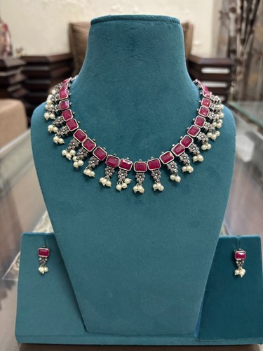 Oxidised Multicolor Necklace With Earrings India Pakistani Silver Jewelry Set - Picture 7 of 9