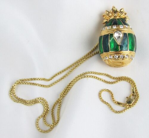 Green Enamel Faberge Pear Rhinestone Egg Locket Magnetic Pendant Necklace - Picture 3 of 8