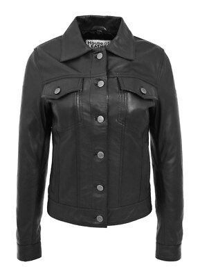 Womens Real Leather Trucker Jacket Classic Button Fastening Style Alma Black | eBay