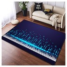 Glowing piano keys rug, Musical notes floating, Deep blue background, Artistic