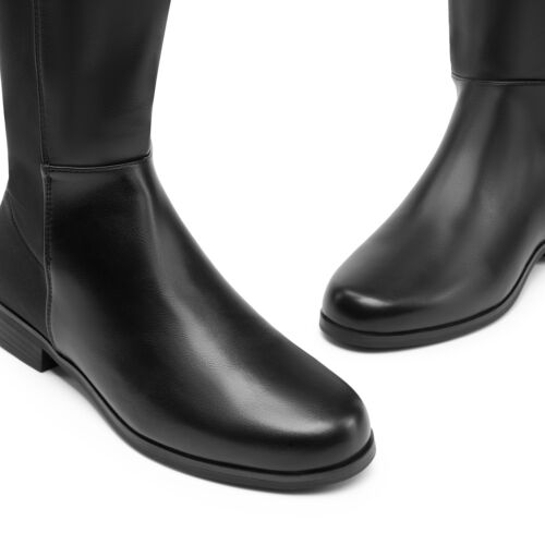 Black Flat Boots Knee-High Boots for Women Round Toe Low Block Heel Boots - Picture 8 of 23