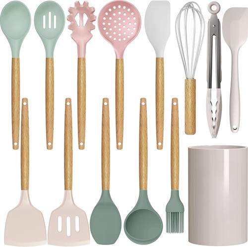Silicone Tool Set - 446°F Heat Resistant Cooking Utensils with Wooden Handles - Picture 2 of 9